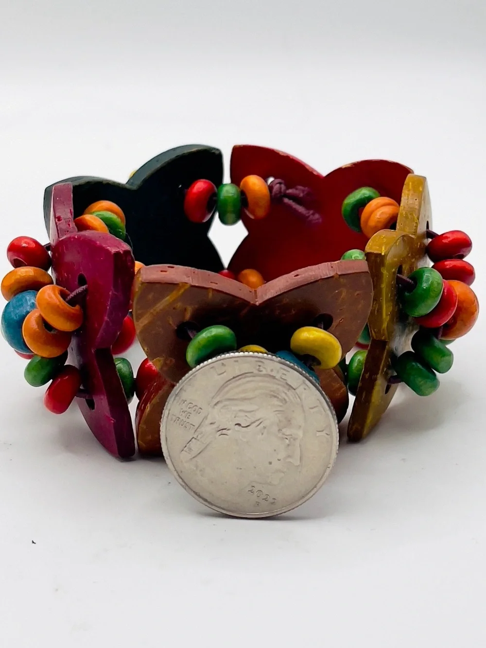 Chunky Boho Multicolor Wooden Flower Stretch Statement Bracelet